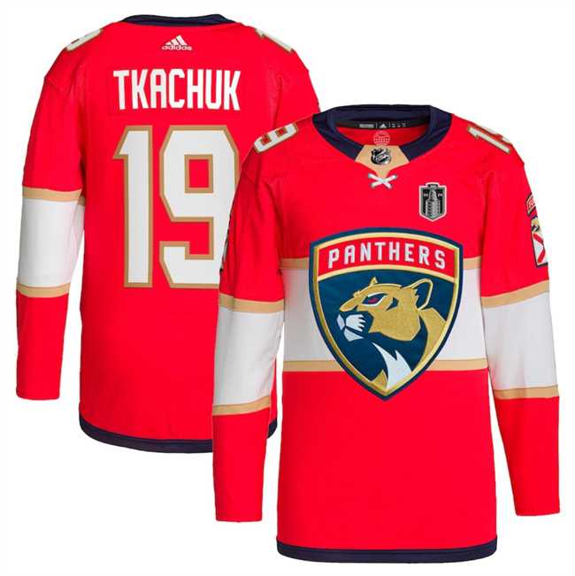 Men%27s Florida Panthers #19 Matthew Tkachuk Red 2024 Stanley Cup Final Patch Stitched Jersey Dzhi
